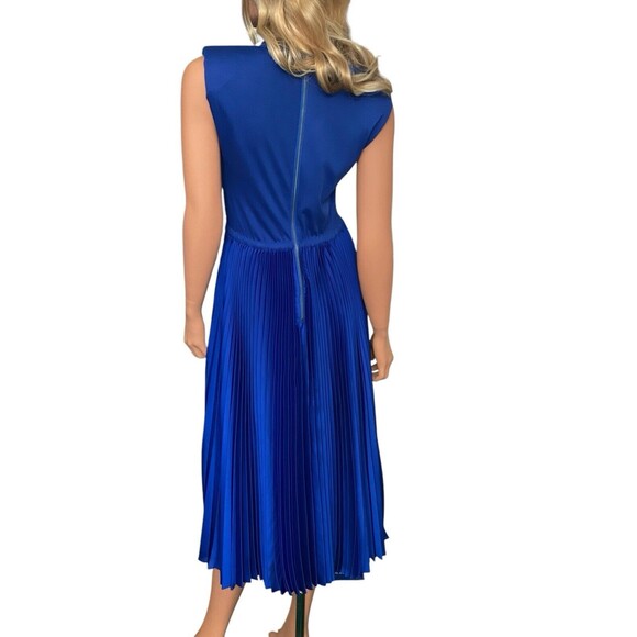 $350 Alice + Olivia Yuki pleated dress cobalt blue Padded Shoulder Sz Small Midi - Picture 2 of 9